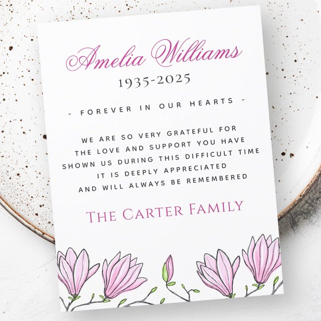 Cartões de agradecimentos de simpatia funerária co (Pink magnolia flow funeral sympathy thank you card)