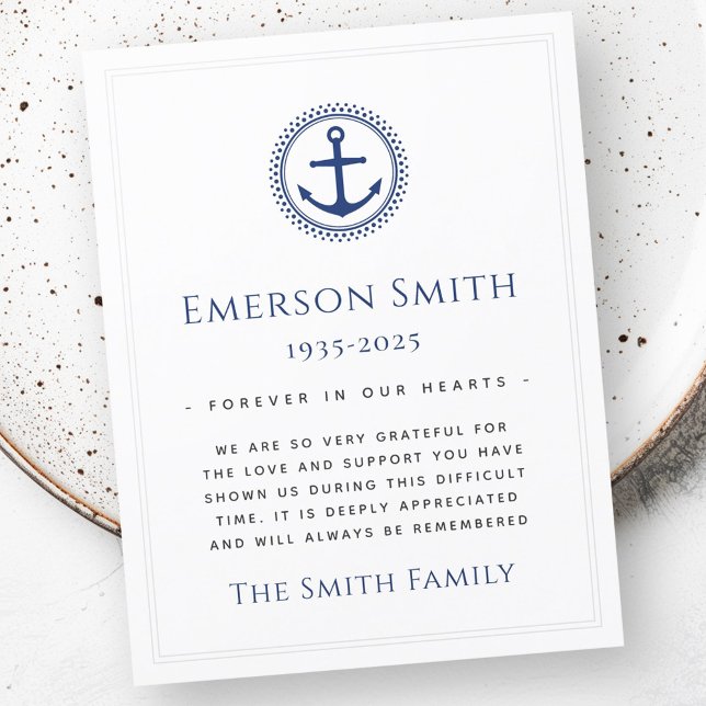 Cartões de agradecimentos de simpatia funerária da (Nautical anchor funeral sympathy thank you card)