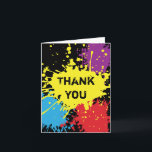 Cartões de agradecimentos de Splat do Paintball<br><div class="desc">É óbvio antes mesmo de ler o texto nestes cartões de agradecimentos que os convidados foram a um partido selvagem do paintball. Os "splats coloridos" da pintura decoram o fundo preto deste cartão com o texto que cobre o. Adicione uma mensagem personalizada para dentro ou apenas suprima d para deixá-la...</div>