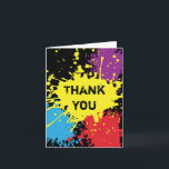 Cartões de agradecimentos de Splat do Paintball<br><div class="desc">É óbvio antes mesmo de ler o texto nestes cartões de agradecimentos que os convidados foram a um partido selvagem do paintball. Os "splats coloridos" da pintura decoram o fundo preto deste cartão com o texto que cobre o. Adicione uma mensagem personalizada para dentro ou apenas suprima d para deixá-la...</div>