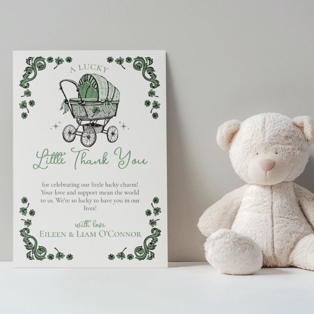 Cartões de agradecimentos do Chá de fraldas do Dia (Cute Irish Baby Shower Thank You Card. Hand Drawn Vintage Baby Carriage Stroller and Green Clovers)