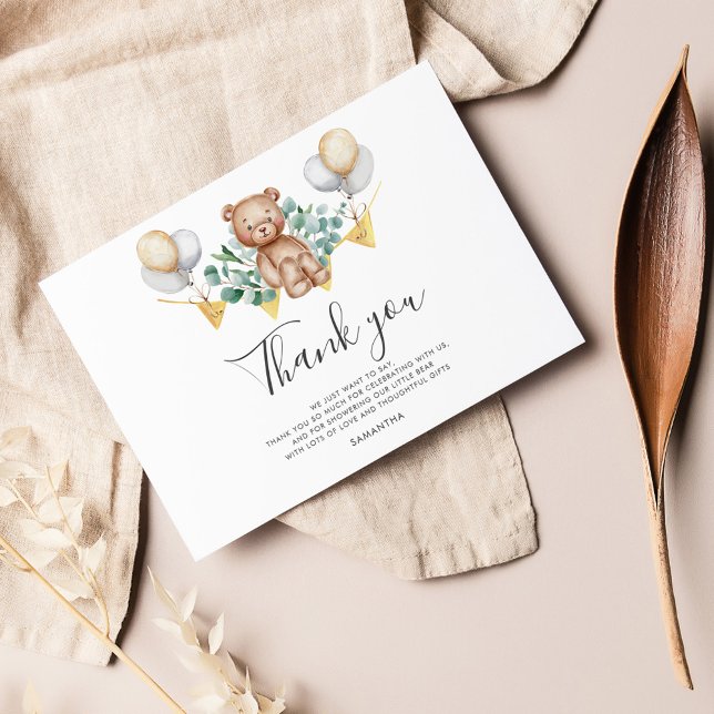 Cartões de agradecimentos do Chá de fraldas do Urs (Woodland Bear Greenery Balloon Baby Shower Thank You Card)