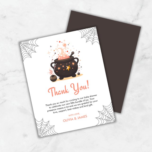 Cartões de agradecimentos do Chá de fraldas Orange (Budget Orange Cauldron A Baby is Brewing Halloween Baby Shower Thank You Card )