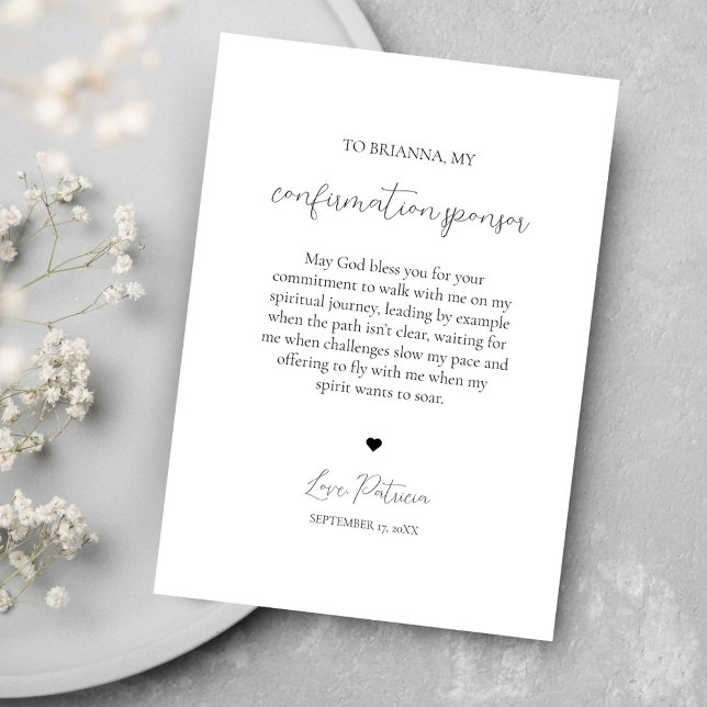 Cartões de agradecimentos do Patrocinador de Confi (Modern Black and White Elegant Confirmation Sponsor Gift Thank You Card Flat Minimalist Design)