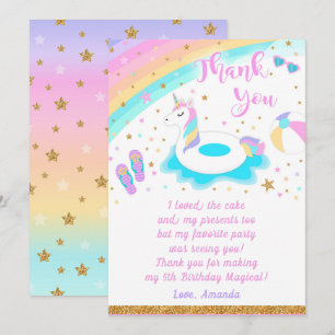 Cartões de agradecimentos do Unicorn Piscina Party
