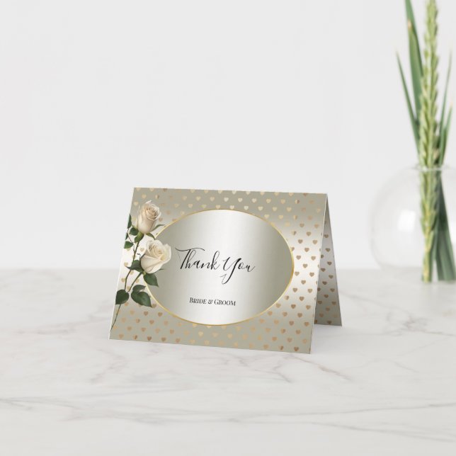 Cartões de agradecimentos Dourado de Rosas Brancas (Frente)
