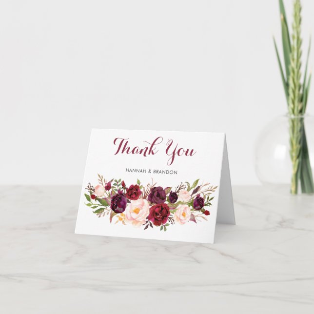 Cartões de agradecimentos florais de Marsala Boho (Frente)