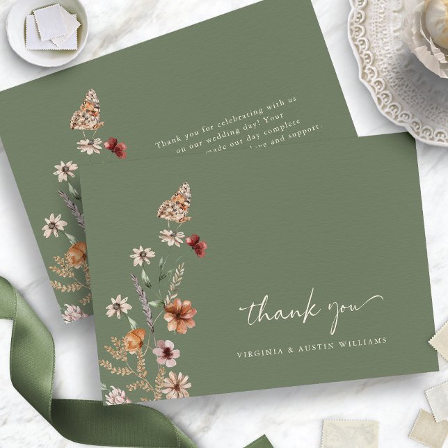 Cartões de agradecimentos Floral de Casamento Verd (Sage Green Boho Floral Wedding Thank You Card with Butterfly by Painted Paperie
)
