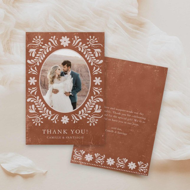 Cartões de agradecimentos Fotográfico Boho Terraco (Boho Terracotta Hand Drawn floral Wedding Photo Thank you Card)