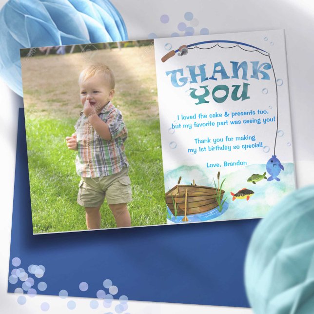 Cartões de agradecimentos fotográfico de aniversár (Fishing themed, little fisherman, O-fish-ally, boy 1st birthday thank you cards.)