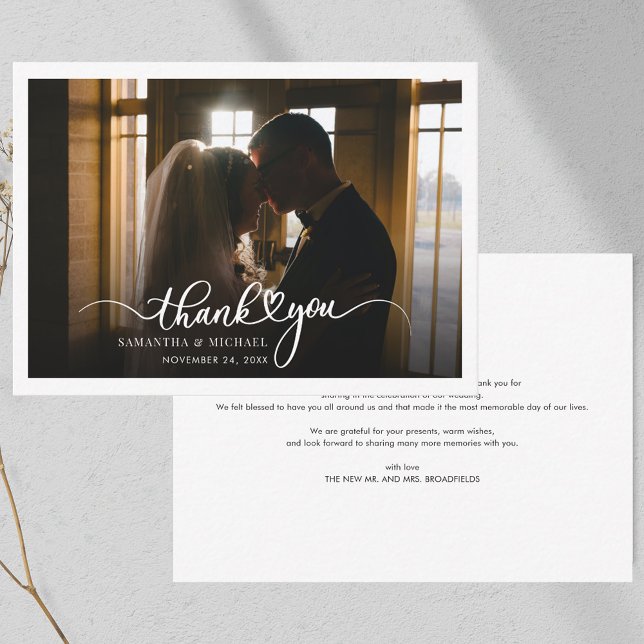 Cartões de agradecimentos Fotográfico de Casamento (Wedding Photo Script Thank You Note Card)