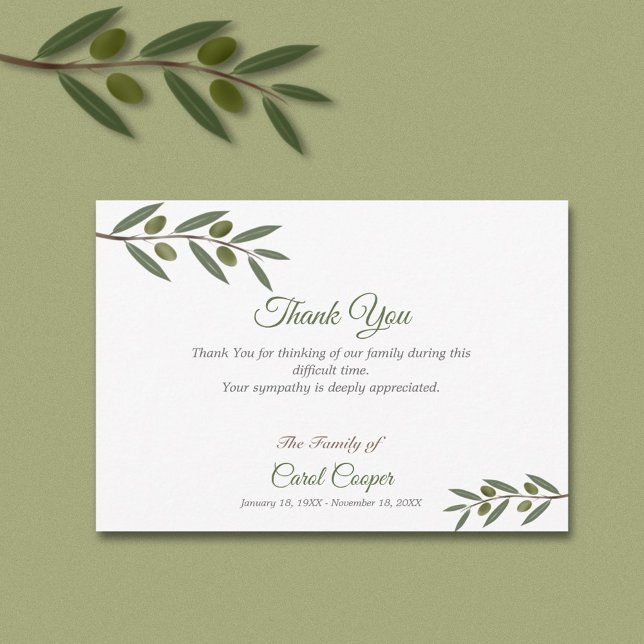 Cartões de agradecimentos Funeral de Branch de Oli (Watercolor Olive Branch Funeral Thank You Card)