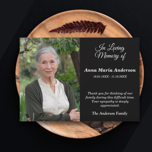 Cartões de agradecimentos Funeral Sober de Foto Pr (Black Photo Sober Funeral Thank You Card)