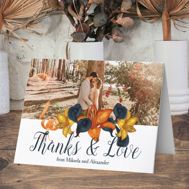 Cartões de agradecimentos marinho  Blue Orange Tig (Fall tiger lilies, gold, blue calla lily wedding thank you card, folded with wedding photo)