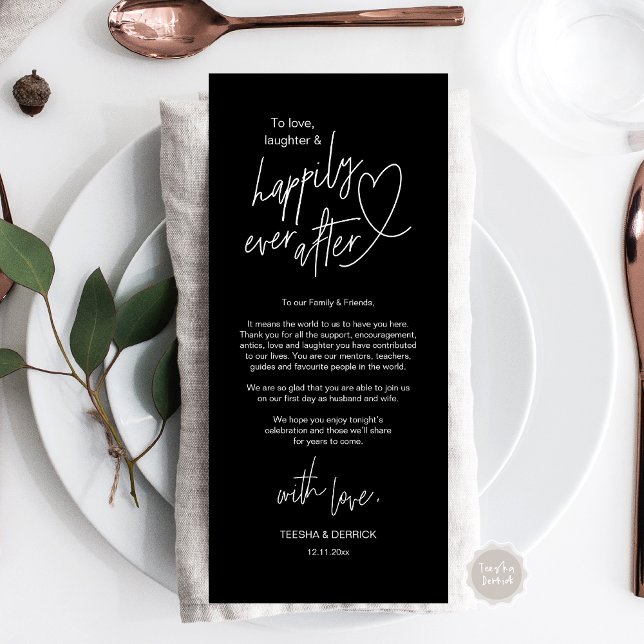 Cartões de agradecimentos moderno, bonitinho, de C (Modern cute, Wedding Place Setting Thank You Card, Hand drawn Heart, in Classy Black)