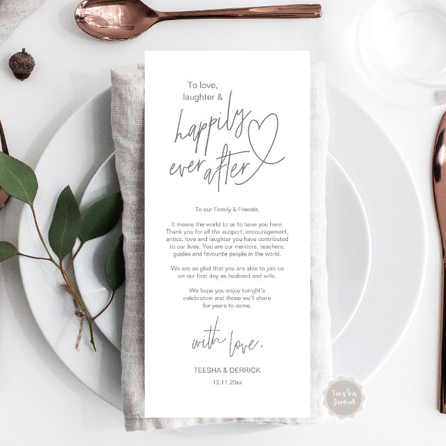 Cartões de agradecimentos moderno, bonitinho, de C (Modern cute, Wedding Place Setting Thank You Card, Hand drawn Heart, in Dark Grey)