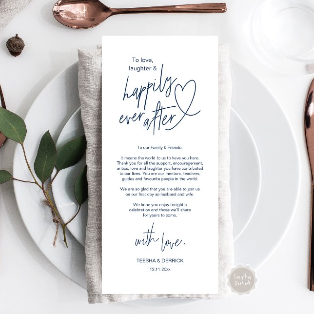 Cartões de agradecimentos moderno, bonitinho, de C (Modern cute, Wedding Place Setting Thank You Card, Hand drawn Heart, in Navy Blue)