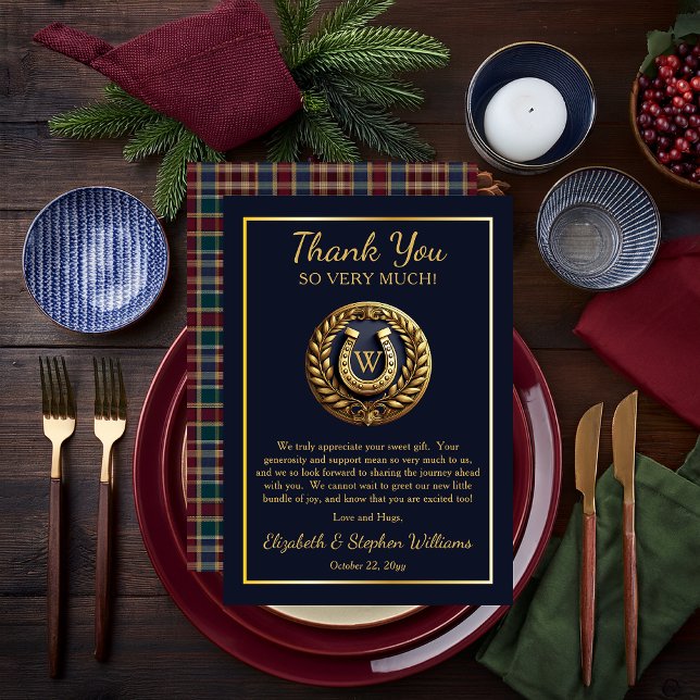 Cartões de agradecimentos plano azul Emblem Emblem (Charming Classic Preppy Gold Horseshoe Monogram Emblem | Plaid Boy Baby Shower Thank You Flat Card)