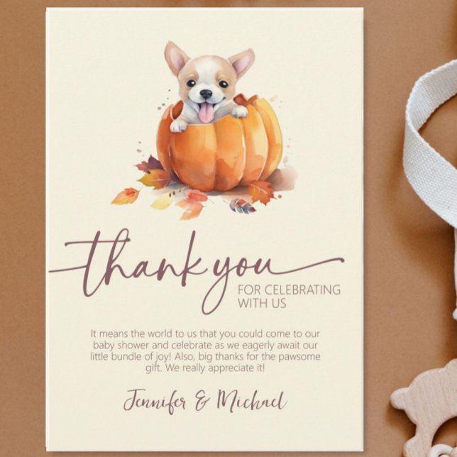 Cartões de agradecimentos Plano da Abóbora do Chá  (Cute Fall Baby Shower Little Pumpkin Puppy Flat Thank You Card)
