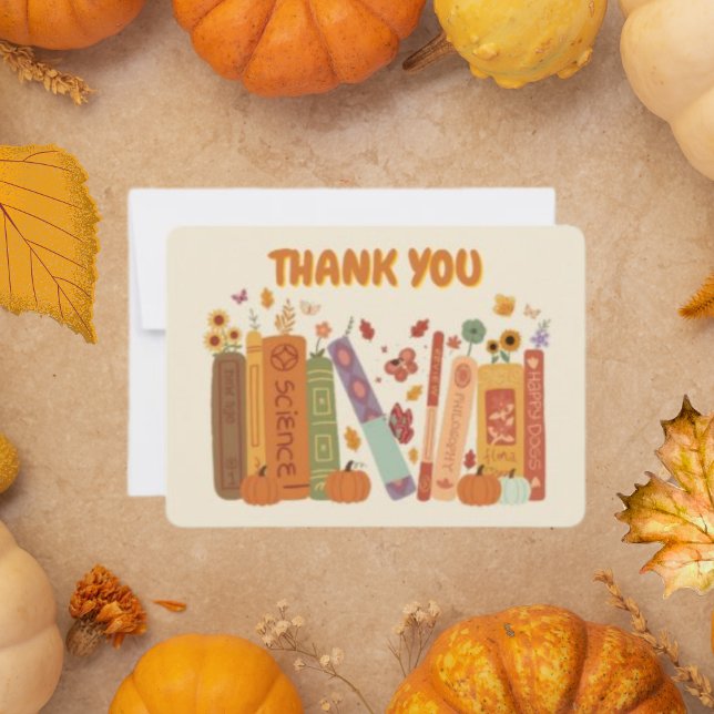 Cartões de agradecimentos plano de farinha de avei (Bookish book Lovers oatmeal Flat Thank You Card, Pumpkin and Fall Leaves oatmeal Thank You Card, cut)