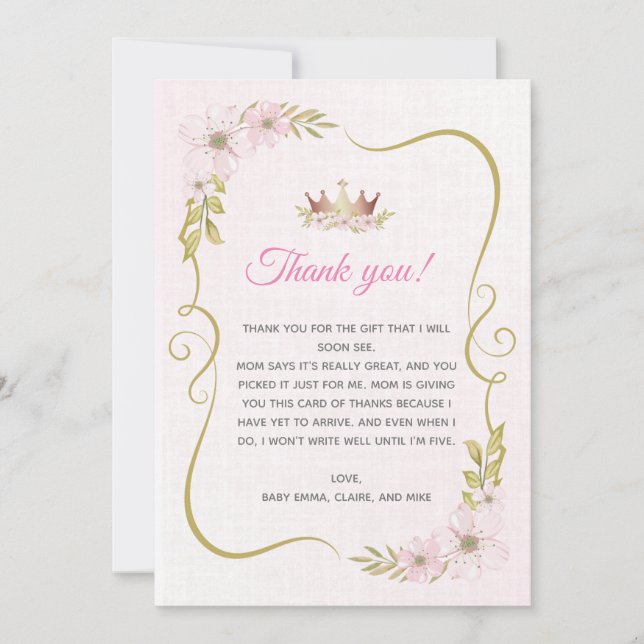 Cartões de agradecimentos princesa Chá de fraldas (Frente)