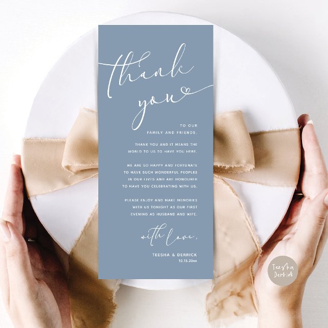 Cartões de agradecimentos Romântico de Definição d (Romantic Wedding Dinner Lunch Brunch Party Place Setting Thank You Card Dusty Blue)