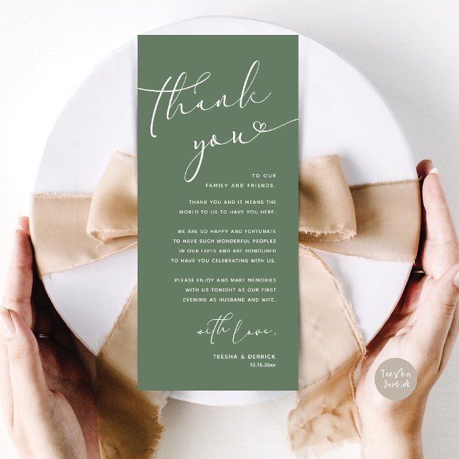 Cartões de agradecimentos Romântico de Definição d (Romantic Wedding Dinner Lunch Brunch Party Place Setting Thank You Card Sage Green)