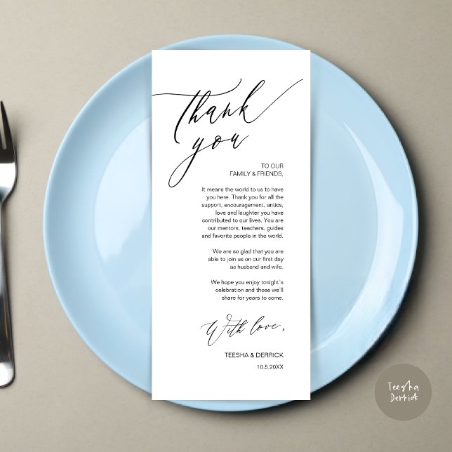 Cartões de agradecimentos Romântico de Definição d (Romantic Wedding Dinner Place Setting Thank You Card, in Black and White)