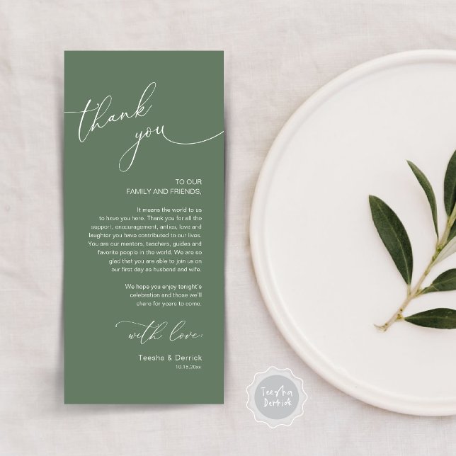 Cartões de agradecimentos Romântico de Definição d (Modern Romantic Wedding Lunch, Brunch, Dinner Place Setting Thank You Card, in Forest Sage Green)