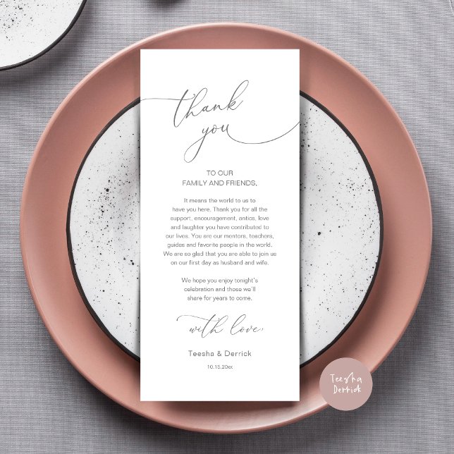 Cartões de agradecimentos Romântico de Definição d (Modern Romance Wedding Dinner, Lunch and Brunch Place Setting Thank You Card, in Dark Grey)