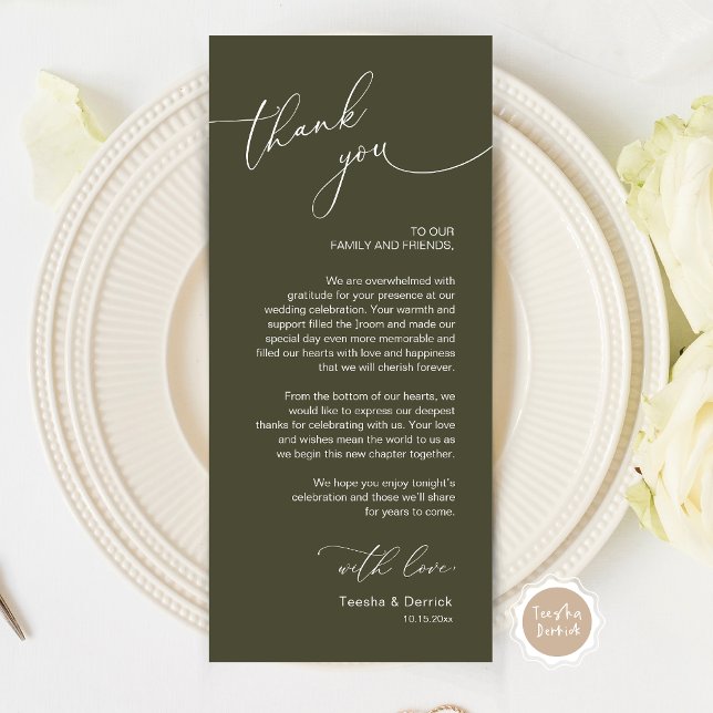 Cartões de agradecimentos Romântico de Definição d (Wedding Dinner Place Setting Thank You Card, Modern Romantic Script, in Olive Green)
