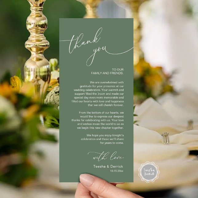 Cartões de agradecimentos Romântico de Definição d (Wedding Dinner Place Setting Thank You Card, Modern Romantic Script, in Forest Sage Green)