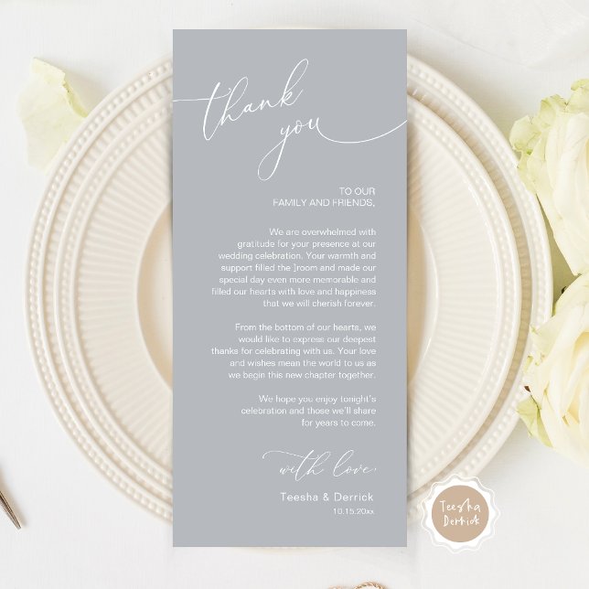 Cartões de agradecimentos Romântico de Definição d (Wedding Dinner Place Setting Thank You Card, Modern Romantic Script, in Contemporary Chill Grey)