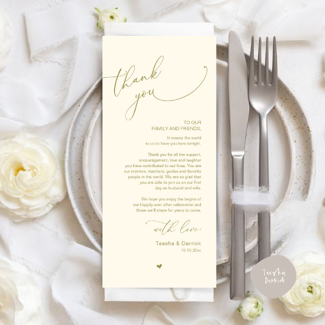 Cartões de agradecimentos Romântico de Definição d (Modern Romantic Wedding Dinner Place Setting Thank You Card, Plate Decor, in Retro Yellow Gold)