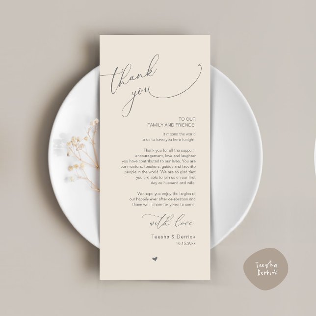 Cartões de agradecimentos Romântico de Definição d (Modern Romantic Wedding Dinner Place Setting Thank You Card, Plate Decor, in Dark Grey and Cream)