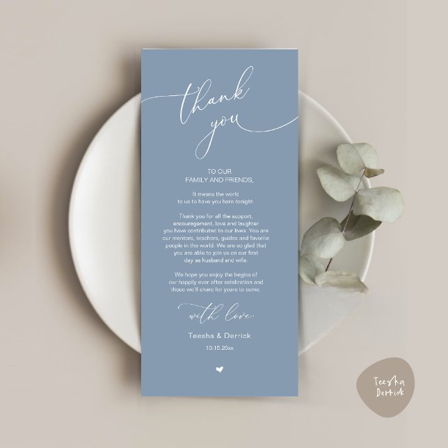 Cartões de agradecimentos Romântico de Definição d (Modern Romantic Wedding Dinner Place Setting Thank You Card, Plate Decor, in Dusty Blue)