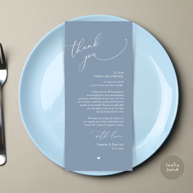 Cartões de agradecimentos Romântico de Definição d (Modern Romantic Wedding Dinner Place Setting Thank You Card, Plate Decor, in Dusty Blue)