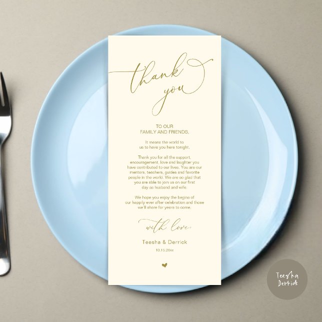 Cartões de agradecimentos Romântico de Definição d (Modern Romantic Wedding Dinner Place Setting Thank You Card, Plate Decor, in Retro Yellow Gold)