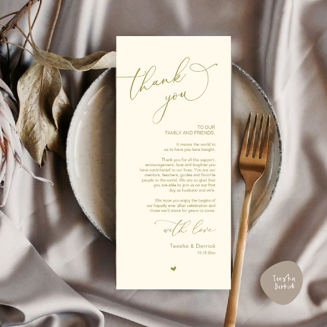 Cartões de agradecimentos Romântico de Definição d (Modern Romantic Wedding Dinner Place Setting Thank You Card, Plate Decor, in Retro Yellow Gold)