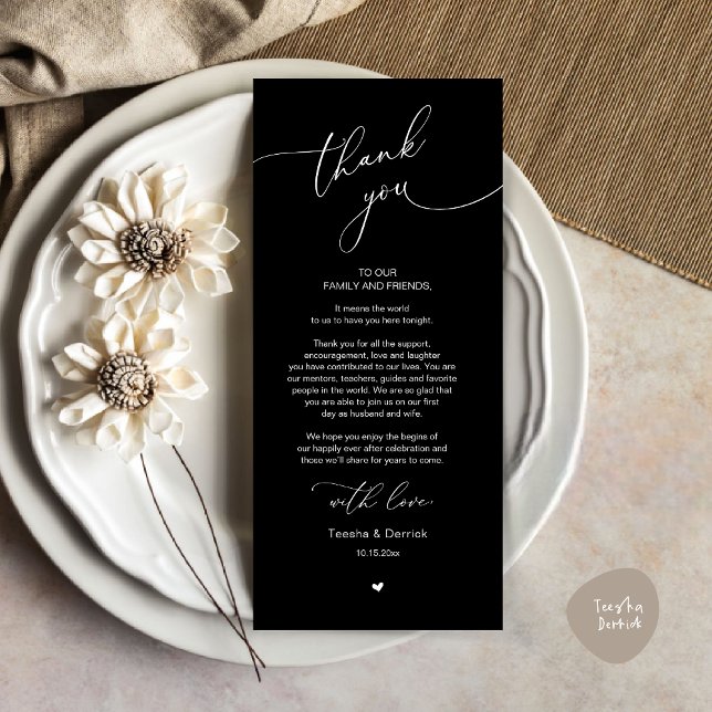 Cartões de agradecimentos Romântico de Definição d (Modern Romantic Wedding Dinner Place Setting Thank You Card, Plate Decor, in Classy Black)