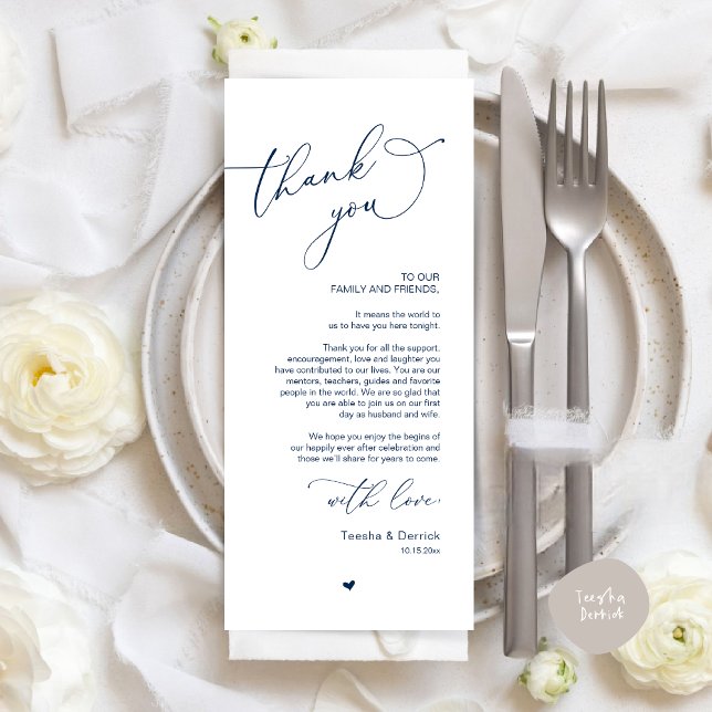 Cartões de agradecimentos Romântico de Definição d (Romantic Modern Wedding Dinner Place Setting Thank You Card, in Classy Navy Blue)