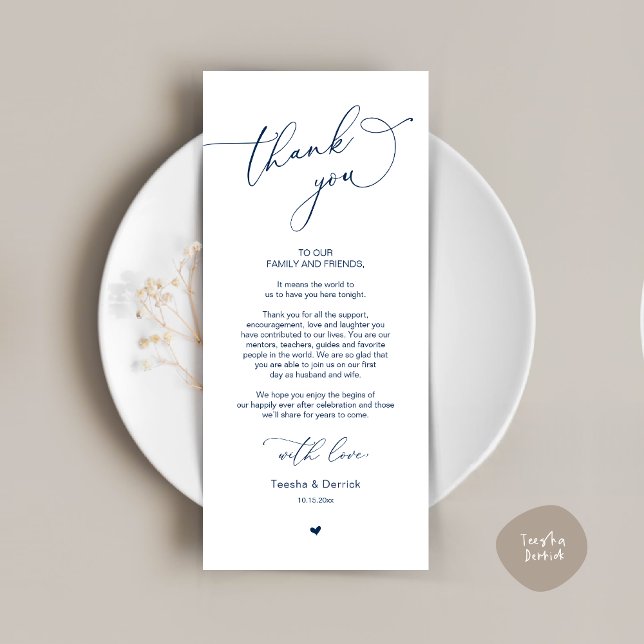 Cartões de agradecimentos Romântico de Definição d (Romantic Modern Wedding Dinner Place Setting Thank You Card, in Classy Navy Blue)