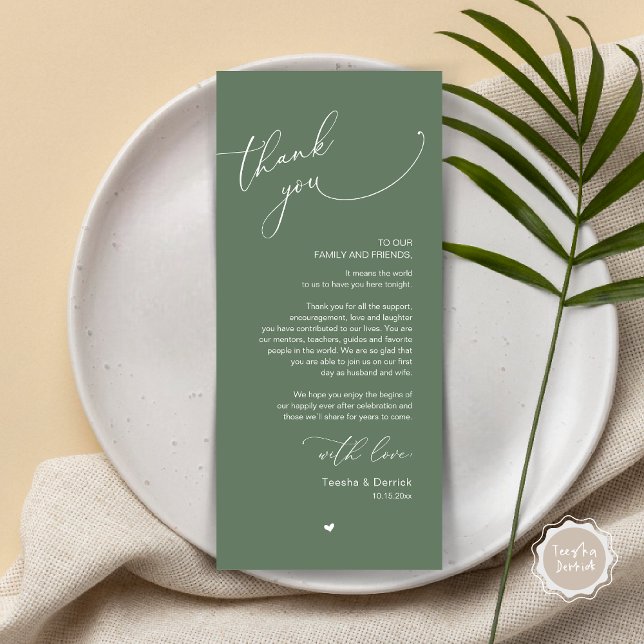 Cartões de agradecimentos Romântico de Definição d (Romantic Modern Wedding Dinner Place Setting Thank You Card, in Greenery Forest Sage Green)