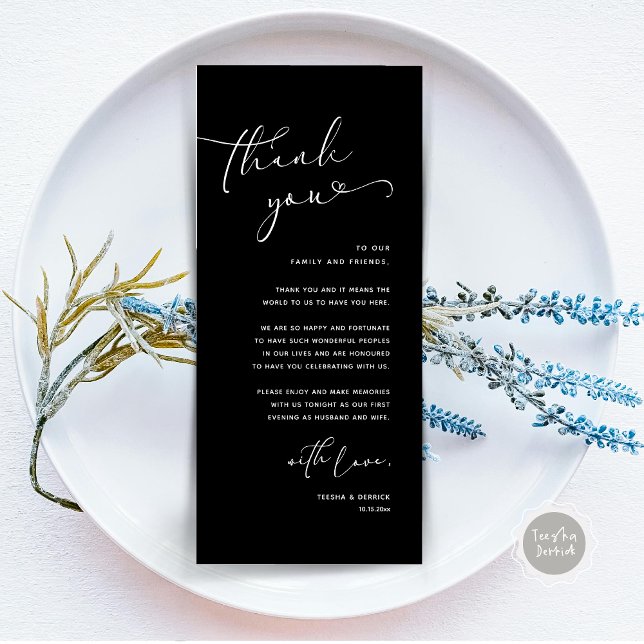 Cartões de agradecimentos Romântico de Definição d (Romantic Minimalist Wedding Dinner Place Setting Thank You Card, in Classy Black)