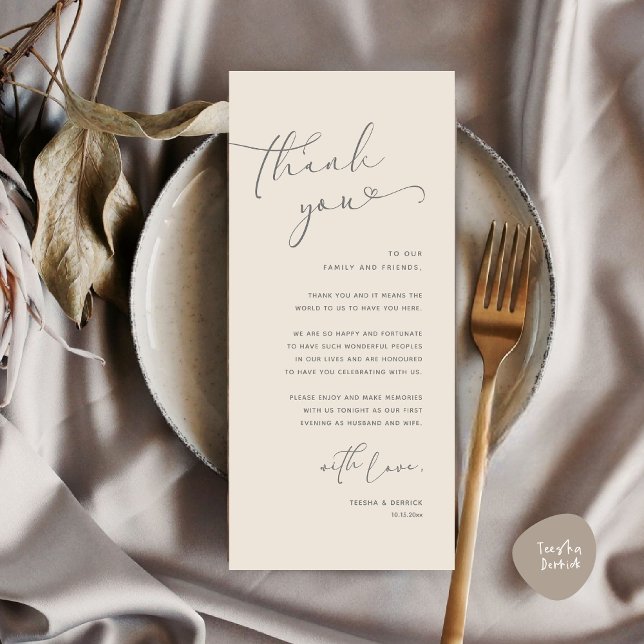 Cartões de agradecimentos Romântico de Definição d (Romantic Minimalist Wedding Dinner Place Setting Thank You Card, in Summer Cream Grey)