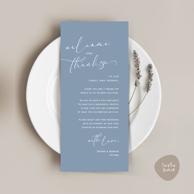 Cartões de agradecimentos Romântico de Definição d (Romantic Wedding Dinner Place Setting Thank You Card, in Dusty Blue)