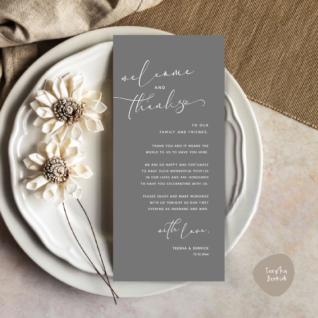 Cartões de agradecimentos Romântico de Definição d (Romantic Wedding Dinner Place Setting Thank You Card, in Dark Grey)