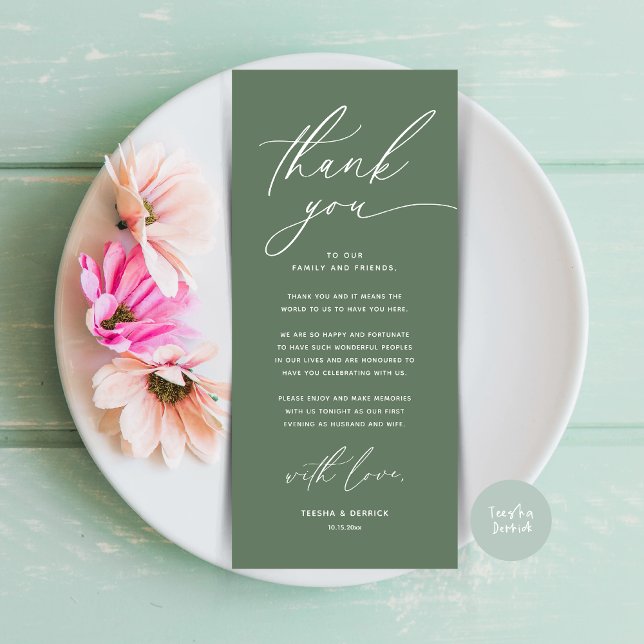 Cartões de agradecimentos Romântico de Definição d (Romantic Wedding Place Setting Modern Dinner Brunch Lunch Party Thank You Card in Sage Green)