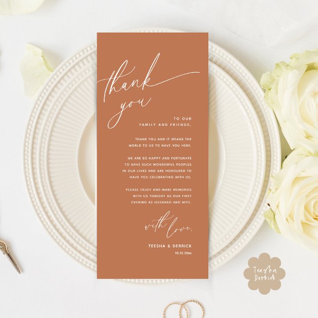 Cartões de agradecimentos Romântico de Definição d (Romantic Wedding Dinner Place Setting Thank You Card Lunch Brunch in Copper Terracotta Brown Earthy)