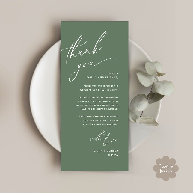 Cartões de agradecimentos Romântico de Definição d (Romantic Wedding Dinner Place Setting Thank You Card Lunch Brunch in Sage Green Greenery)